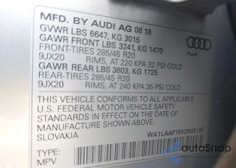 2019 Audi Q7 55 Premium/55 Se Premium из США, поврежденный, VIN WA1LAAF75KD005155